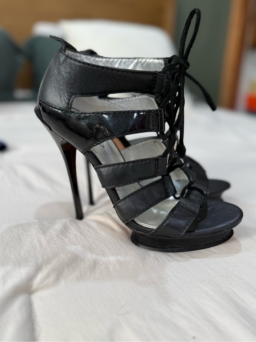 bebe Black Lace-Up Cutout Stiletto Heels